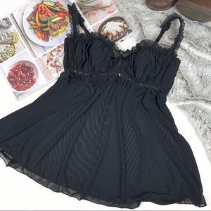 Frederick's black sheer sequin & ruffle trim teddy